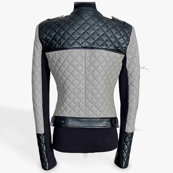 BCBGMAXAZRIA 'Keith' Quilted Lamb Leather Moto Jacket (Black/Taupe) Small $998 - Picture 4 of 9